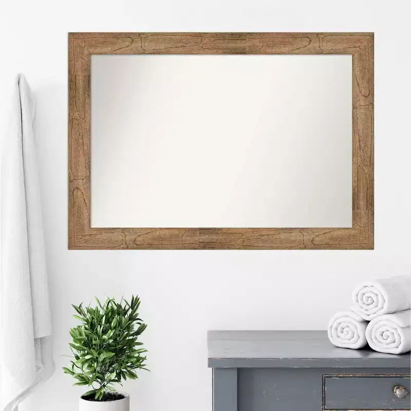Miroir mural de salle de bain en bois hibou non biseauté 42" x 30" marron : Rectangle moderne, fixation murale