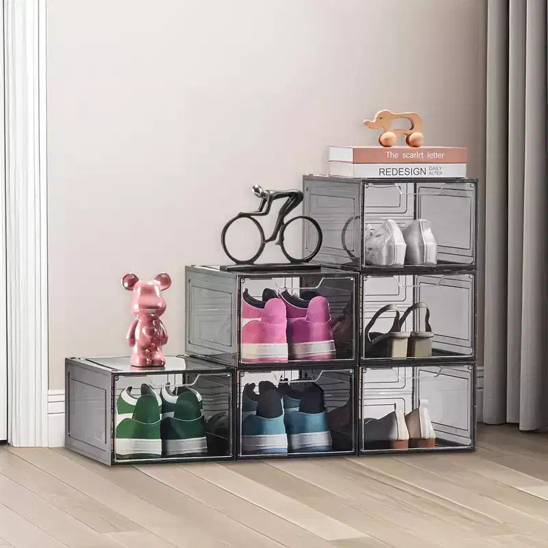 Boîtes à chaussures, lot de 6 organiseurs de rangement transparents et empilables avec porte magnétique, conviennent jusqu'à la taille US 13, noir transparent