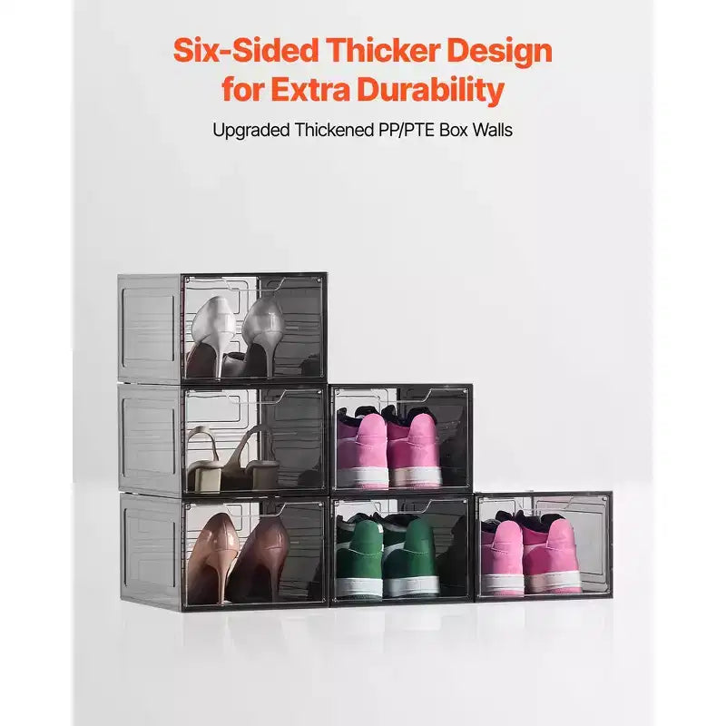Boîtes à chaussures, lot de 6 organiseurs de rangement transparents et empilables avec porte magnétique, conviennent jusqu'à la taille US 13, noir transparent