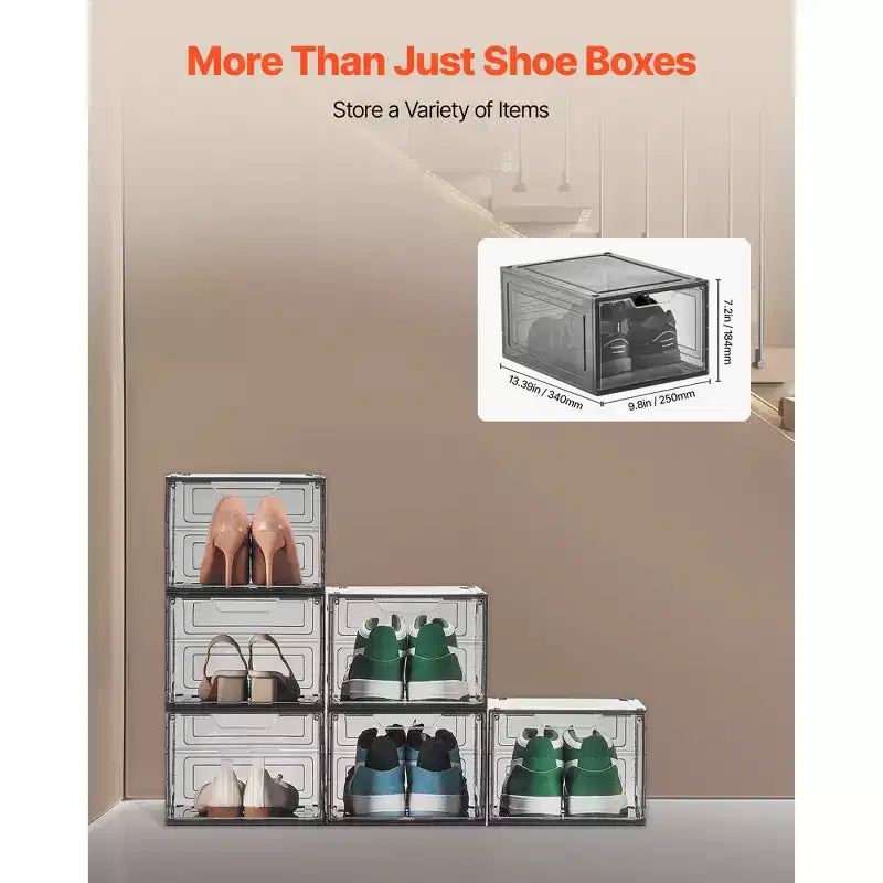Boîtes à chaussures, lot de 6 organiseurs de rangement transparents et empilables avec porte magnétique, conviennent jusqu'à la taille US 13, noir transparent