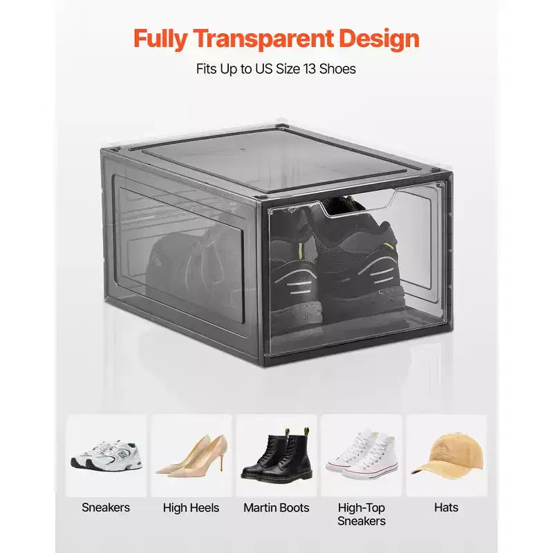 Boîtes à chaussures, lot de 6 organiseurs de rangement transparents et empilables avec porte magnétique, conviennent jusqu'à la taille US 13, noir transparent