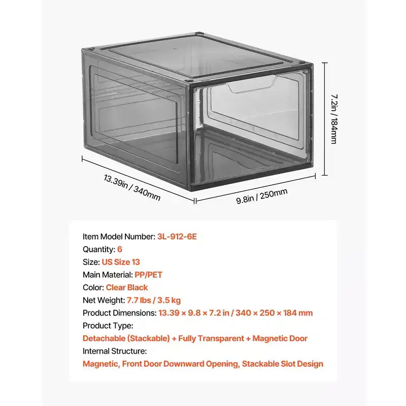 Boîtes à chaussures, lot de 6 organiseurs de rangement transparents et empilables avec porte magnétique, conviennent jusqu'à la taille US 13, noir transparent