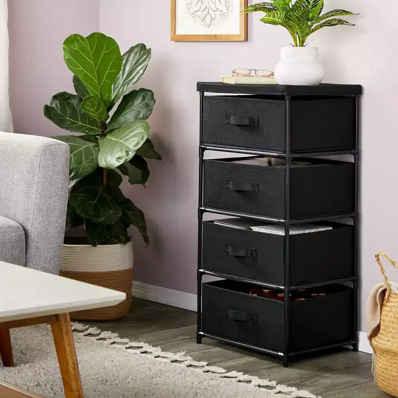 Commode de placard haute à 4 niveaux avec tiroirs - Organisateur de vêtements et petit rangement en tissu pour chambre à coucher