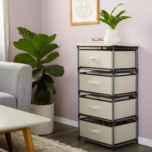 Commode de placard haute à 4 niveaux avec tiroirs - Organisateur de vêtements et petit rangement en tissu pour chambre à coucher