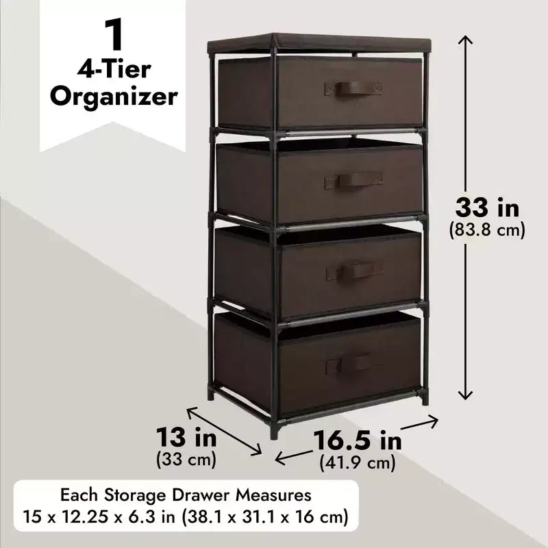 Commode de placard haute à 4 niveaux avec tiroirs - Organisateur de vêtements et petit rangement en tissu pour chambre à coucher