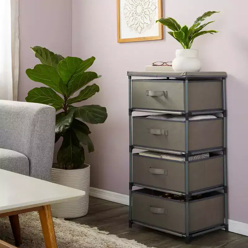Commode de placard haute à 4 niveaux avec tiroirs - Organisateur de vêtements et petit rangement en tissu pour chambre à coucher