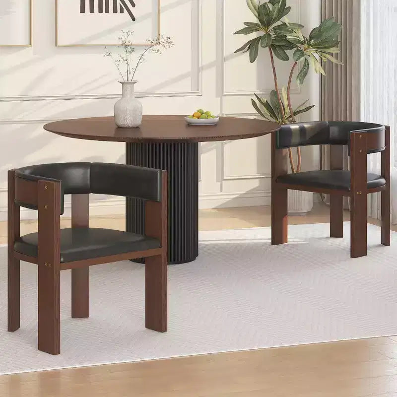 Chaises de salle à manger en bois massif du milieu du siècle, chaises d'appoint rembourrées en cuir PU avec dossier incurvé, cadre en bois d'hévéa - Marron et Gris foncé