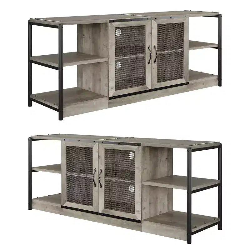 Meuble TV moderne pour téléviseurs jusqu'à 75 pouces, meuble de divertissement avec portes en maille et 4 étagères ouvertes, console TV multimédia en bois, gris 160 cm