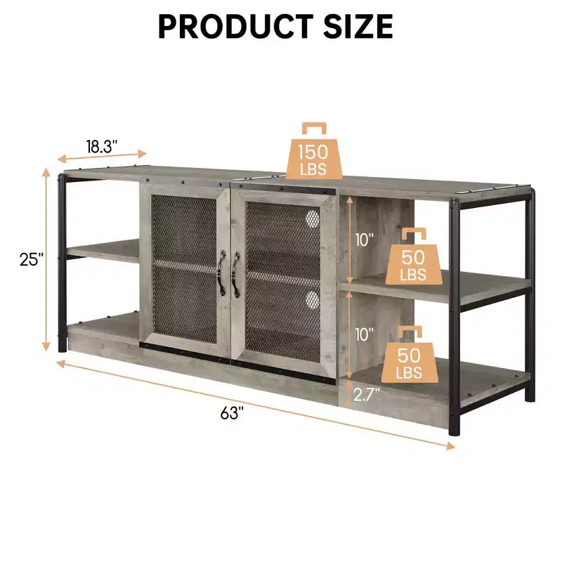 Meuble TV moderne pour téléviseurs jusqu'à 75 pouces, meuble de divertissement avec portes en maille et 4 étagères ouvertes, console TV multimédia en bois, gris 160 cm