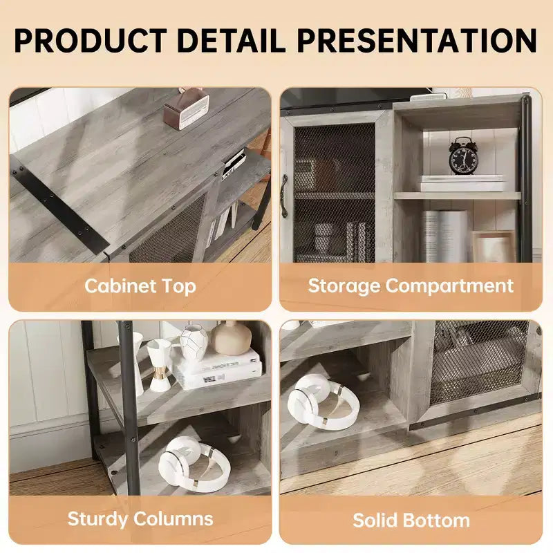 Meuble TV moderne pour téléviseurs jusqu'à 75 pouces, meuble de divertissement avec portes en maille et 4 étagères ouvertes, console TV multimédia en bois, gris 160 cm