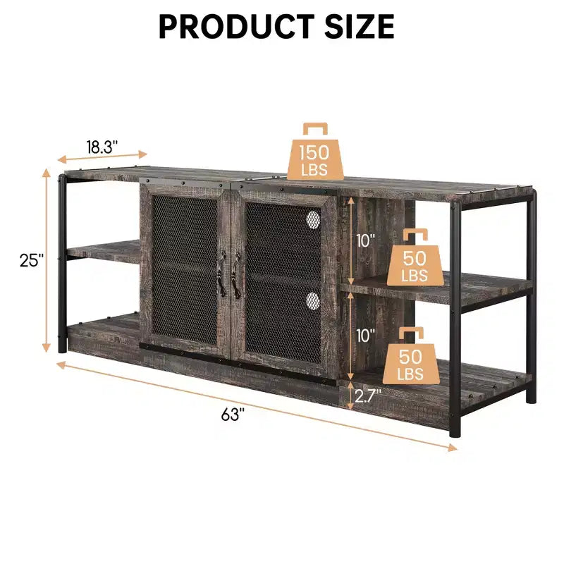 Meuble TV moderne pour téléviseurs jusqu'à 75 pouces, meuble de divertissement avec portes en maille et 4 étagères ouvertes, console TV multimédia en bois, gris 160 cm