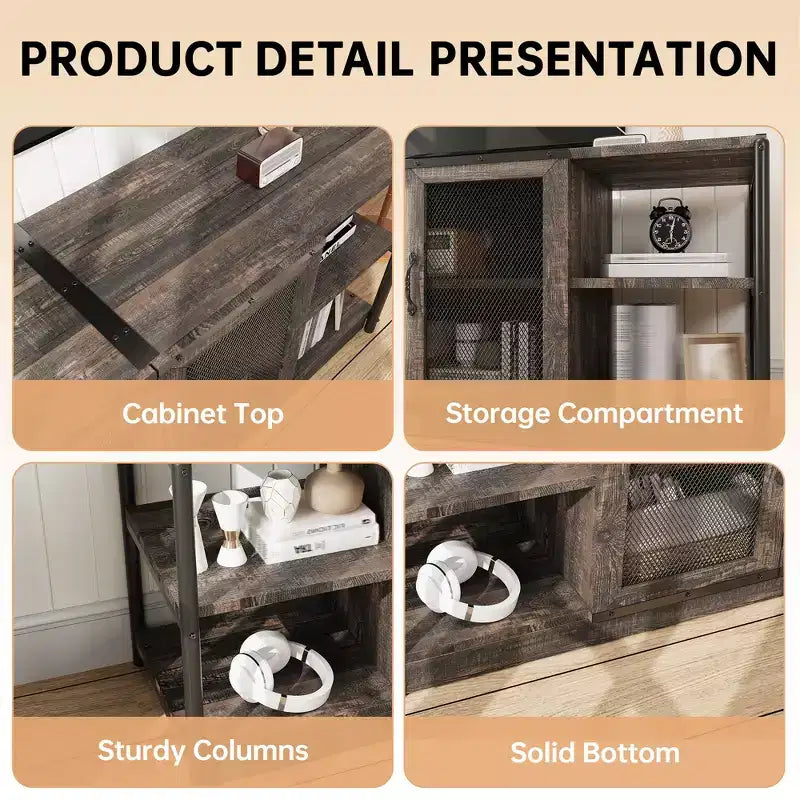Meuble TV moderne pour téléviseurs jusqu'à 75 pouces, meuble de divertissement avec portes en maille et 4 étagères ouvertes, console TV multimédia en bois, gris 160 cm
