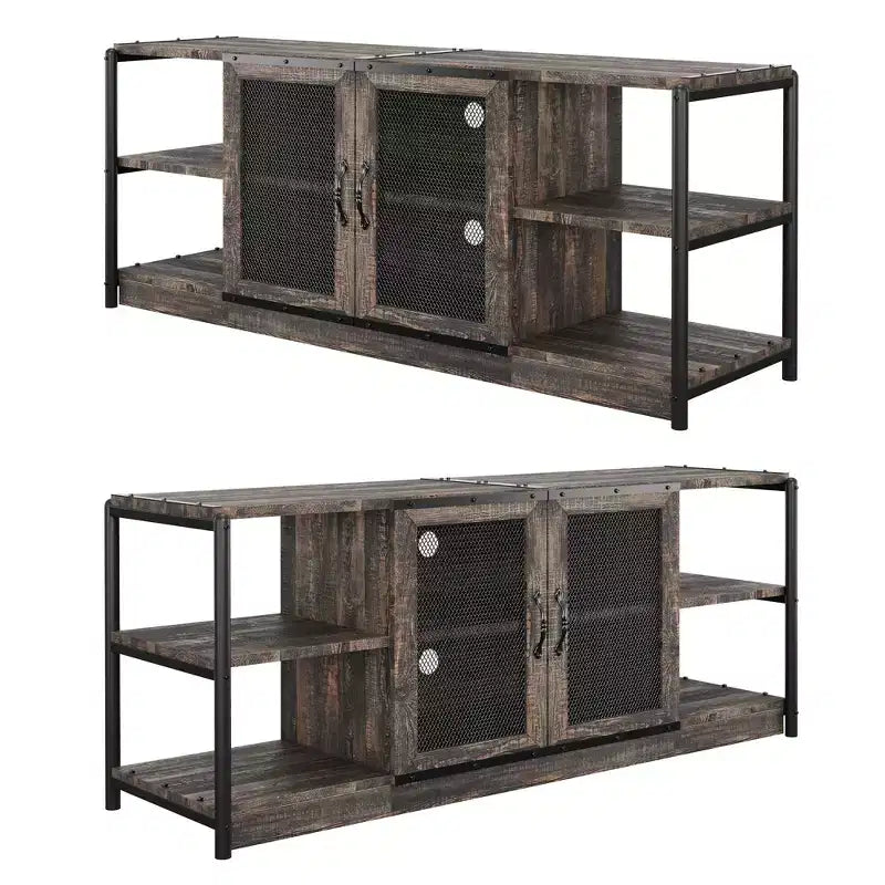 Meuble TV moderne pour téléviseurs jusqu'à 75 pouces, meuble de divertissement avec portes en maille et 4 étagères ouvertes, console TV multimédia en bois, gris 160 cm