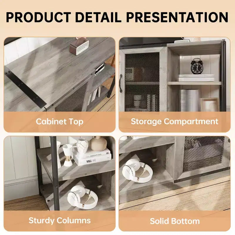 Meuble TV moderne pour téléviseurs jusqu'à 75 pouces, meuble de divertissement avec portes en maille et 4 étagères ouvertes, console TV multimédia en bois, gris 160 cm