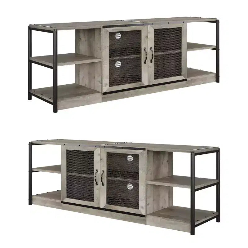 Meuble TV moderne pour téléviseurs jusqu'à 75 pouces, meuble de divertissement avec portes en maille et 4 étagères ouvertes, console TV multimédia en bois, gris 160 cm