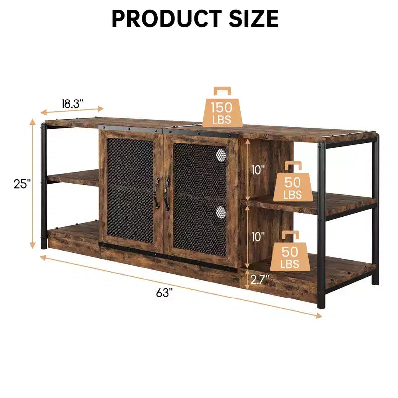 Meuble TV moderne pour téléviseurs jusqu'à 75 pouces, meuble de divertissement avec portes en maille et 4 étagères ouvertes, console TV multimédia en bois, gris 160 cm