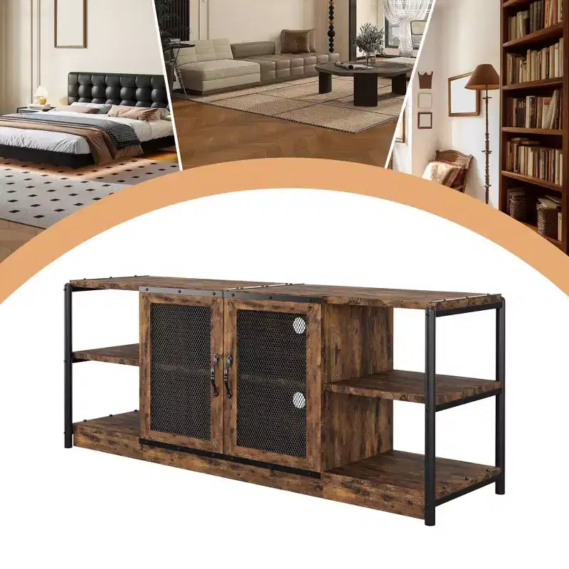 Meuble TV moderne pour téléviseurs jusqu'à 75 pouces, meuble de divertissement avec portes en maille et 4 étagères ouvertes, console TV multimédia en bois, gris 160 cm