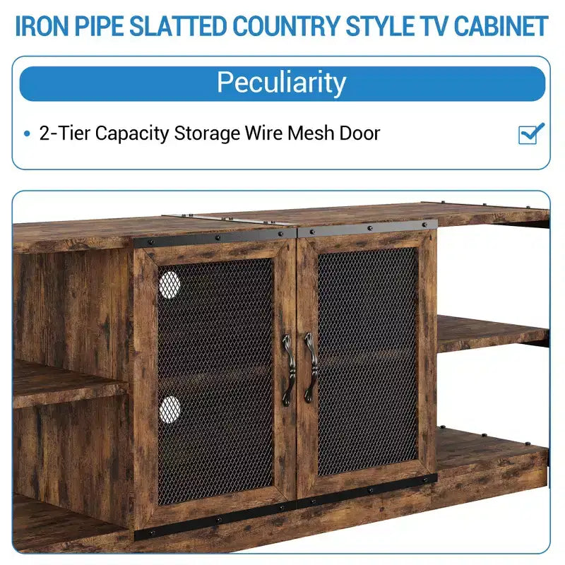 Meuble TV moderne pour téléviseurs jusqu'à 75 pouces, meuble de divertissement avec portes en maille et 4 étagères ouvertes, console TV multimédia en bois, gris 160 cm