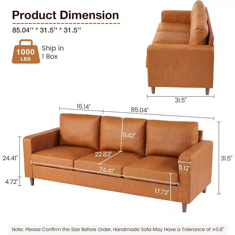 Canapé 3 places en similicuir, style moderne du milieu du siècle, avec assise profonde, mousse haute densité, pieds en bois, couleur fauve, pour salon ou bureau