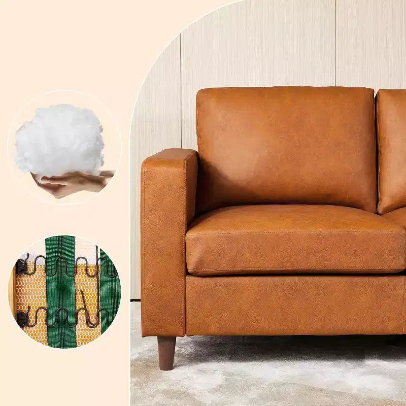 Canapé 3 places en similicuir, style moderne du milieu du siècle, avec assise profonde, mousse haute densité, pieds en bois, couleur fauve, pour salon ou bureau