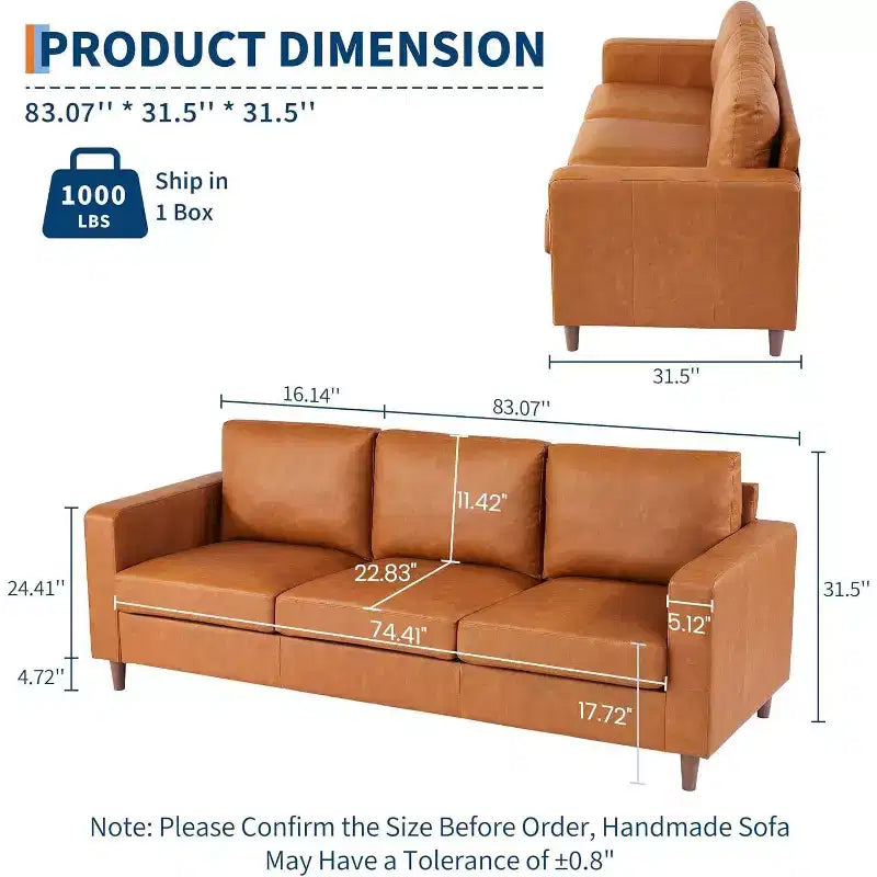 Canapé 3 places en similicuir, style moderne du milieu du siècle, avec assise profonde, mousse haute densité, pieds en bois, couleur fauve, pour salon ou bureau