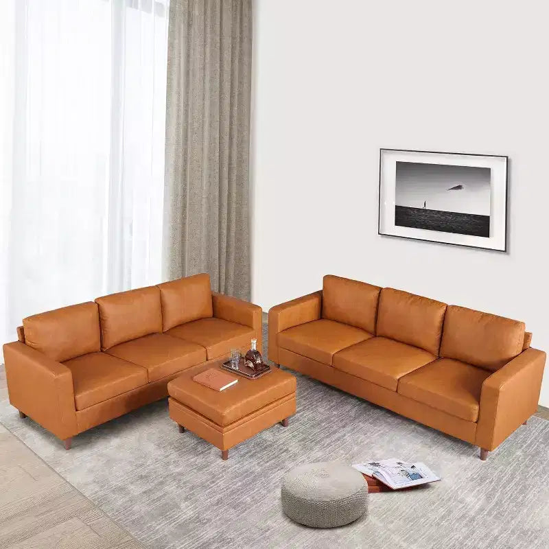 Canapé 3 places en similicuir, style moderne du milieu du siècle, avec assise profonde, mousse haute densité, pieds en bois, couleur fauve, pour salon ou bureau