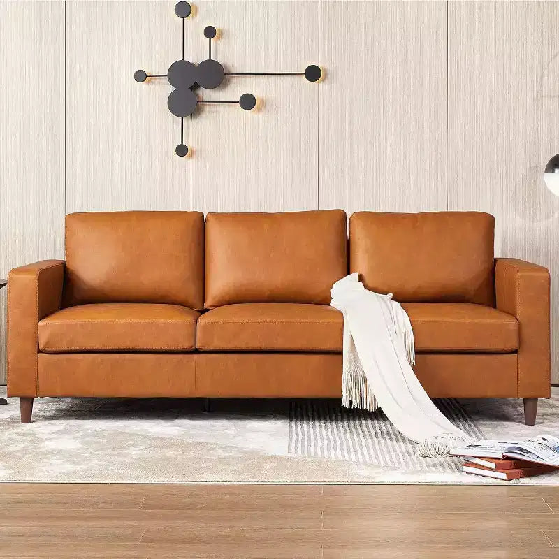 Canapé 3 places en similicuir, style moderne du milieu du siècle, avec assise profonde, mousse haute densité, pieds en bois, couleur fauve, pour salon ou bureau