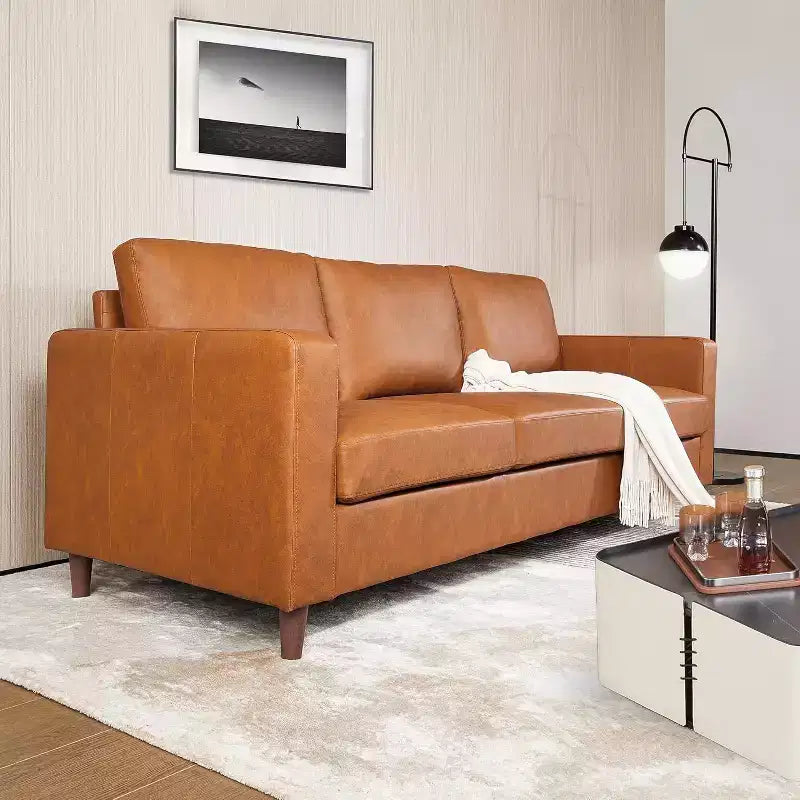 Canapé 3 places en similicuir, style moderne du milieu du siècle, avec assise profonde, mousse haute densité, pieds en bois, couleur fauve, pour salon ou bureau