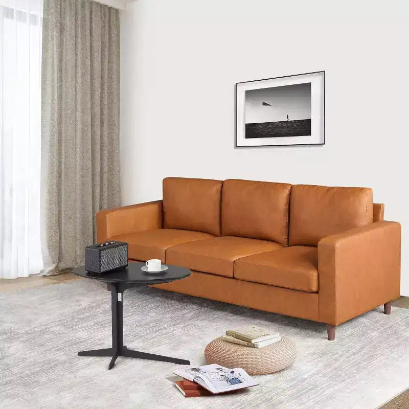 Canapé 3 places en similicuir, style moderne du milieu du siècle, avec assise profonde, mousse haute densité, pieds en bois, couleur fauve, pour salon ou bureau
