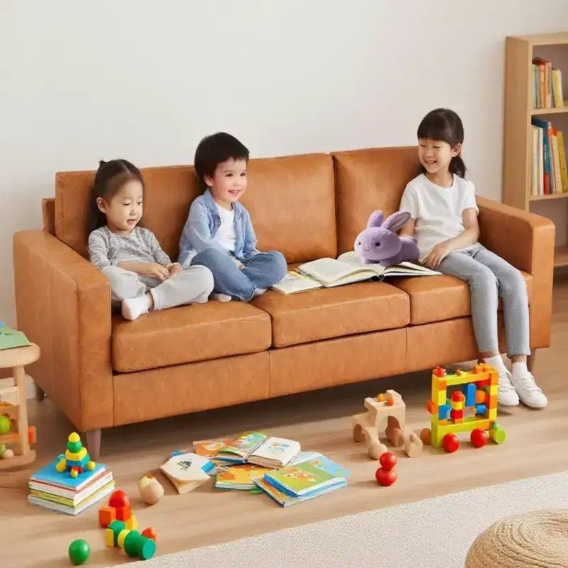 Canapé 3 places en similicuir, style moderne du milieu du siècle, avec assise profonde, mousse haute densité, pieds en bois, couleur fauve, pour salon ou bureau