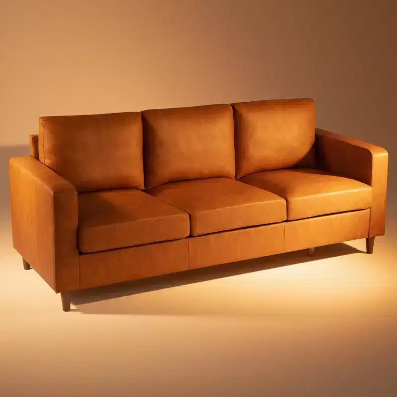 Canapé 3 places en similicuir, style moderne du milieu du siècle, avec assise profonde, mousse haute densité, pieds en bois, couleur fauve, pour salon ou bureau