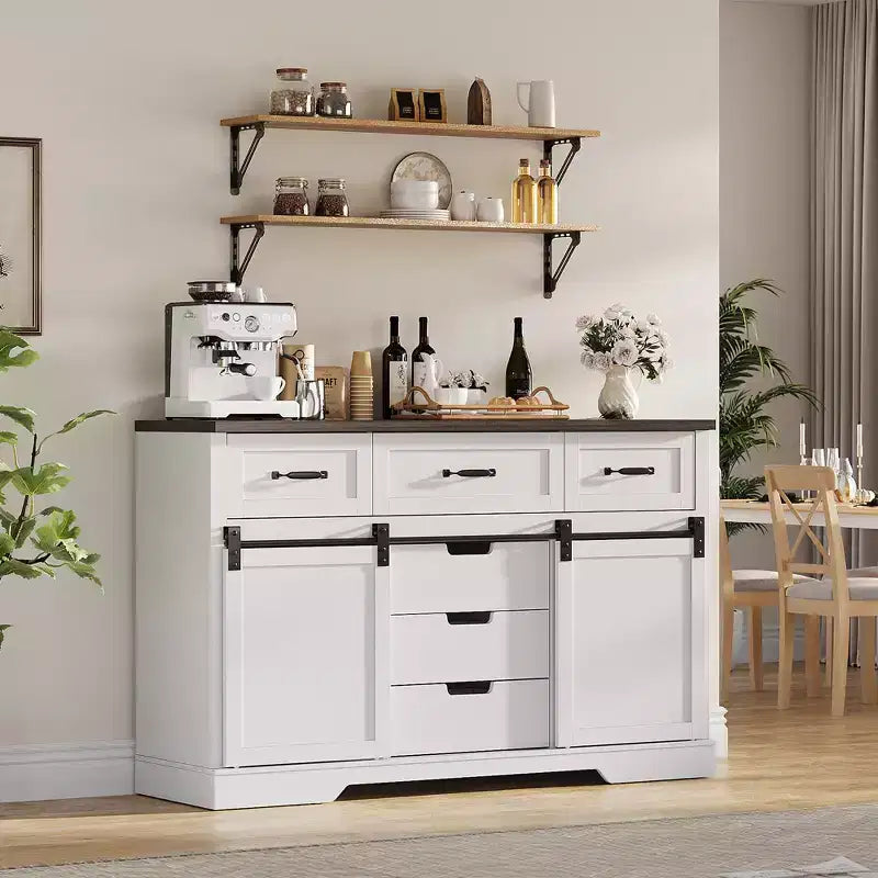 Wooden Storage Cabinet for Bedroom with 6 Drawers Sliding Barn Door White