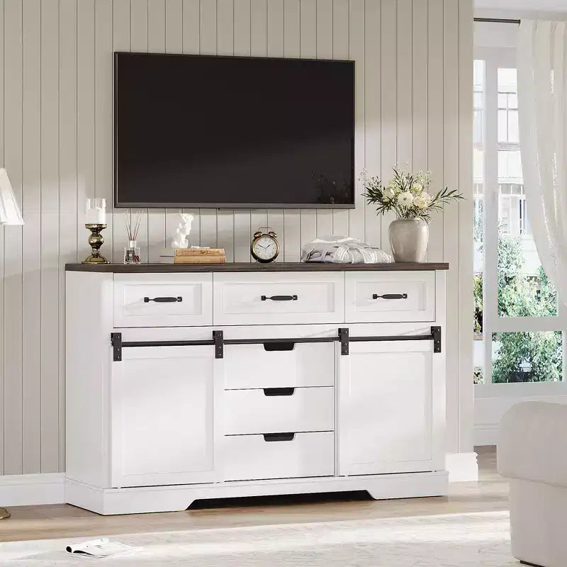 Meuble de rangement en bois pour chambre à coucher avec 6 tiroirs et porte coulissante style grange, blanc
