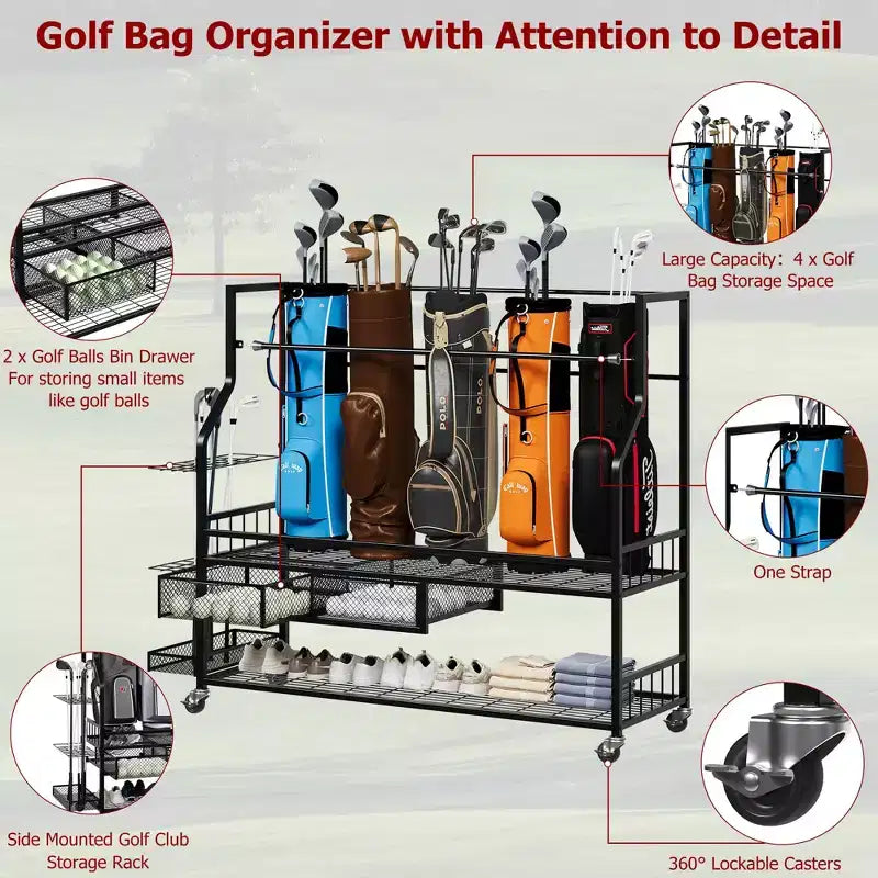Organisateur de sac de golf mobile, Organisateur de rangement de sac de golf tout-en-un pour garage, Organisateur d'équipement de sport, Organisateur de rangement de sac de golf pour garage avec paniers