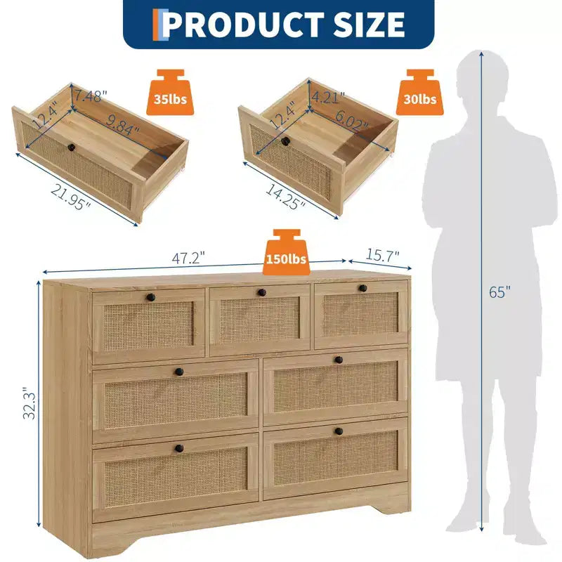 Commode 7 tiroirs en rotin pour chambre à coucher, commode de 130 cm de large, table de chevet pour placard, meuble de rangement en bois pour salon, couloir, entrée