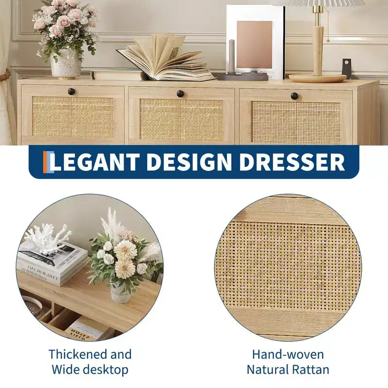 Commode 7 tiroirs en rotin pour chambre à coucher, commode de 130 cm de large, table de chevet pour placard, meuble de rangement en bois pour salon, couloir, entrée