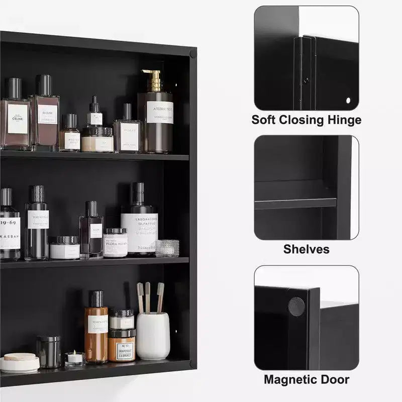 Armoire de toilette 30 x 24 avec miroir, cadre en acier inoxydable et 2 étagères réglables, armoires à pharmacie murales, miroirs rectangulaires encastrés, noire