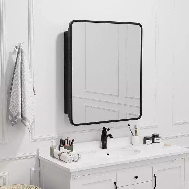 Armoire de toilette 30 x 24 avec miroir, cadre en acier inoxydable et 2 étagères réglables, armoires à pharmacie murales, miroirs rectangulaires encastrés, noire