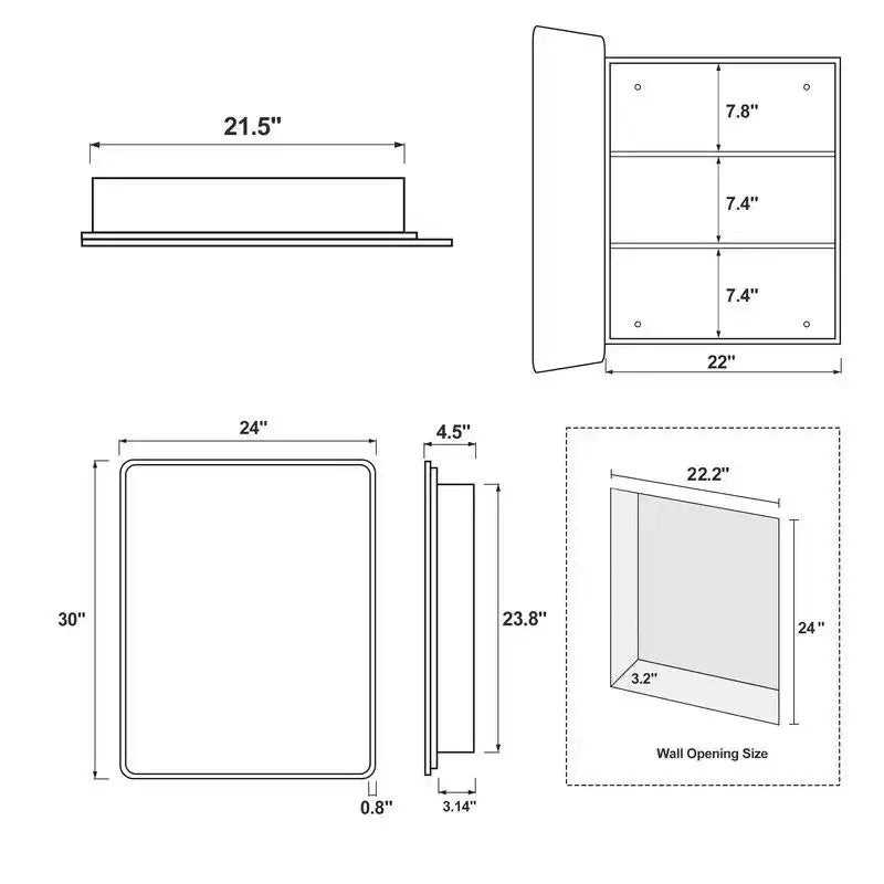 Armoire de toilette 30 x 24 avec miroir, cadre en acier inoxydable et 2 étagères réglables, armoires à pharmacie murales, miroirs rectangulaires encastrés, noire