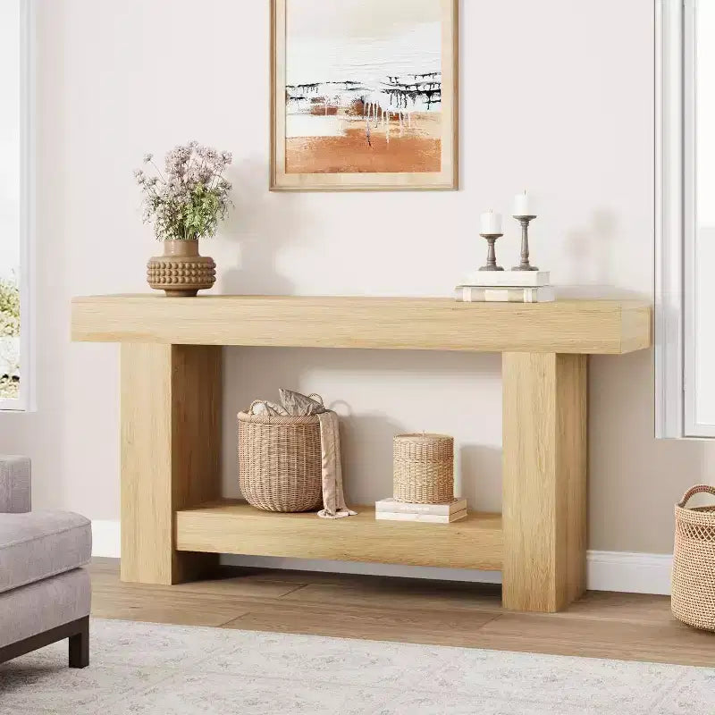 Console de ferme, Table d'entrée à 2 niveaux avec étagère de rangement, Longue table de canapé pour couloir, salon, accent rustique