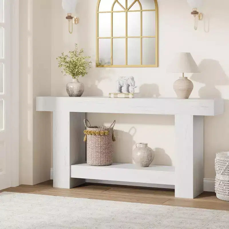 Console de ferme, Table d'entrée à 2 niveaux avec étagère de rangement, Longue table de canapé pour couloir, salon, accent rustique