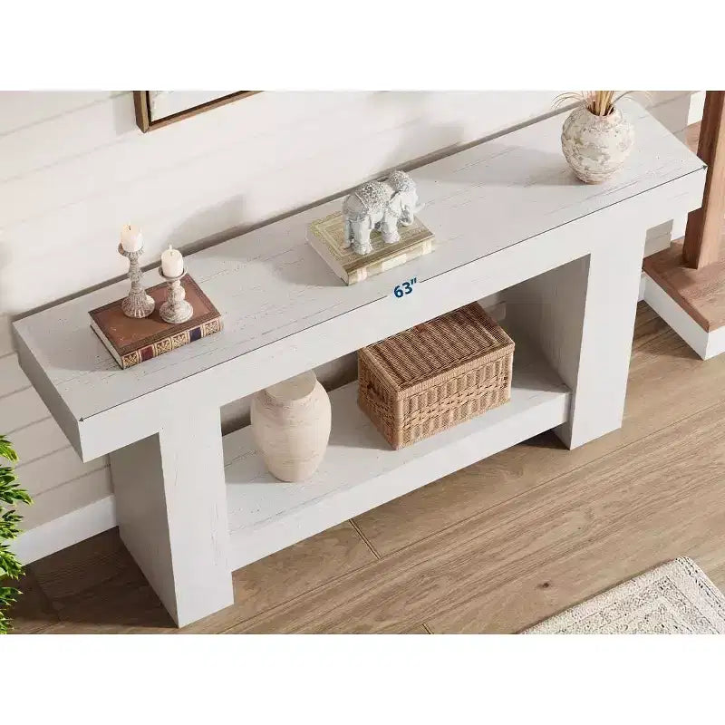 Console de ferme, Table d'entrée à 2 niveaux avec étagère de rangement, Longue table de canapé pour couloir, salon, accent rustique
