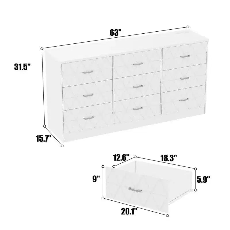 Commode 9 tiroirs, commode 63" pour chambre à coucher avec prise de courant, commode moderne pour couloir, salon