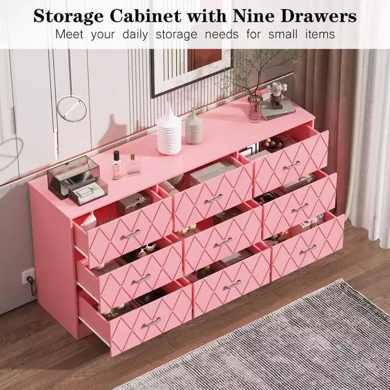 Commode 9 tiroirs, commode 63" pour chambre à coucher avec prise de courant, commode moderne pour couloir, salon