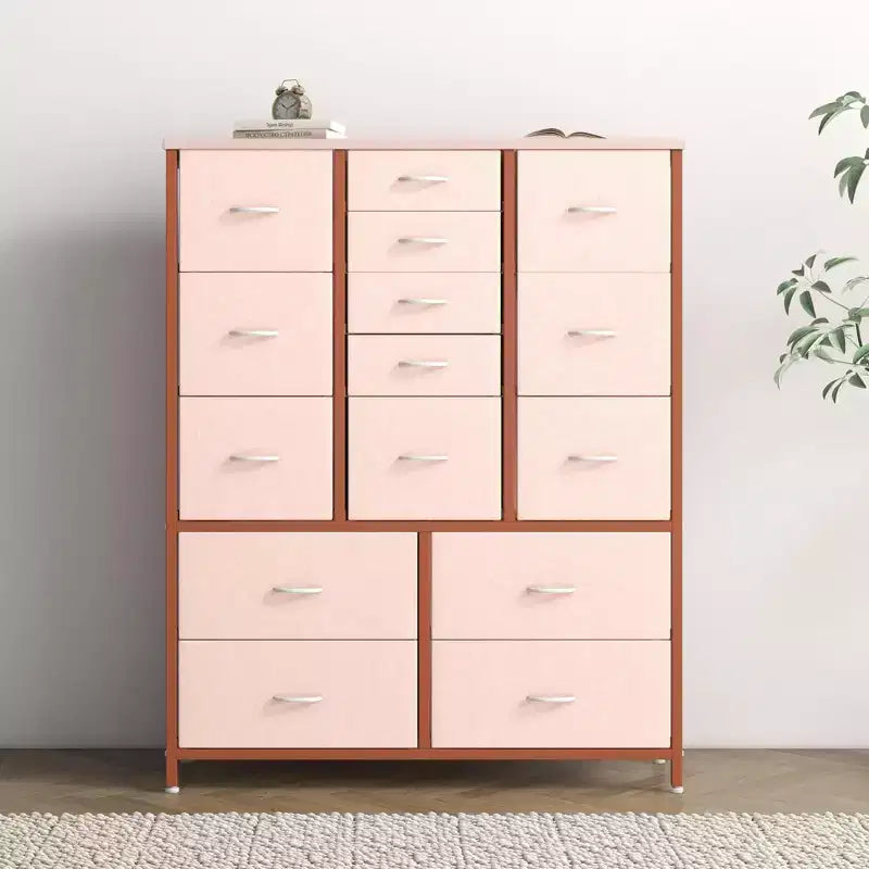 Commode Haute à 15 Tiroirs en Tissu avec Plateau en Bois et Cadre en Métal Robuste, Commode de Rangement Imprimée Grain de Bois pour Chambre, Salon et Couloir