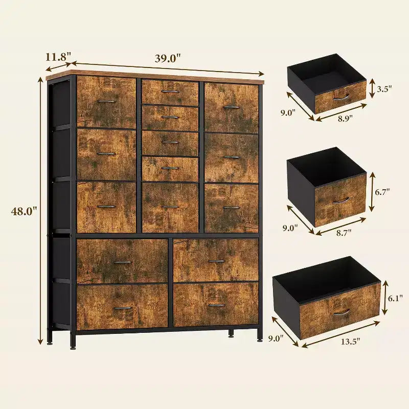 Commode Haute à 15 Tiroirs en Tissu avec Plateau en Bois et Cadre en Métal Robuste, Commode de Rangement Imprimée Grain de Bois pour Chambre, Salon et Couloir
