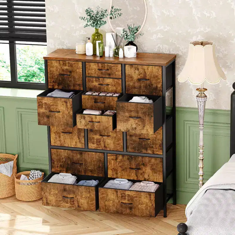 Commode Haute à 15 Tiroirs en Tissu avec Plateau en Bois et Cadre en Métal Robuste, Commode de Rangement Imprimée Grain de Bois pour Chambre, Salon et Couloir