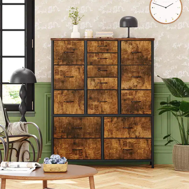 Commode Haute à 15 Tiroirs en Tissu avec Plateau en Bois et Cadre en Métal Robuste, Commode de Rangement Imprimée Grain de Bois pour Chambre, Salon et Couloir