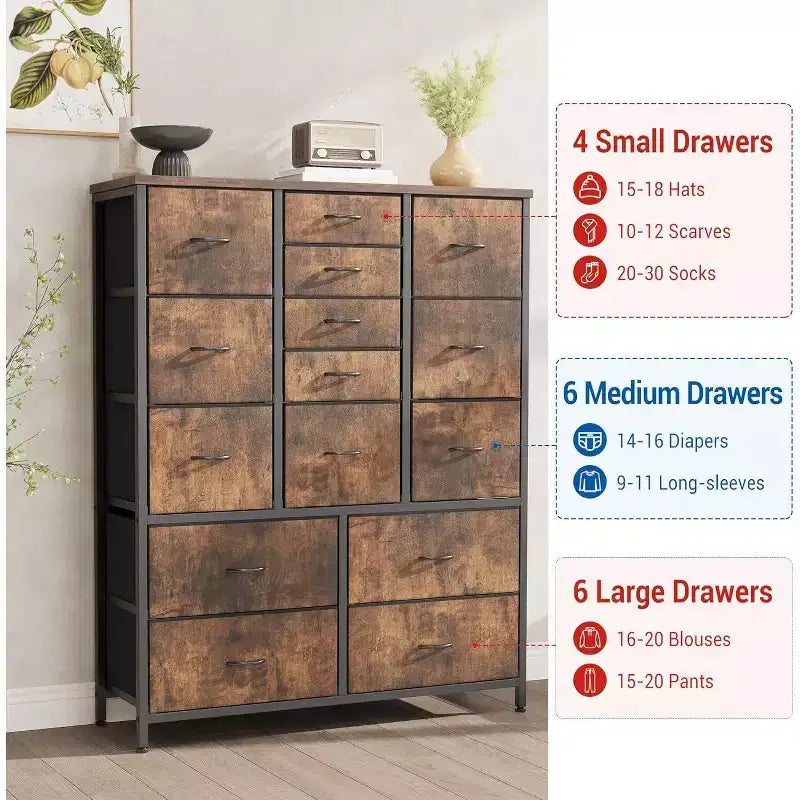 Commode Haute à 15 Tiroirs en Tissu avec Plateau en Bois et Cadre en Métal Robuste, Commode de Rangement Imprimée Grain de Bois pour Chambre, Salon et Couloir