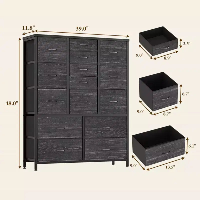Commode Haute à 15 Tiroirs en Tissu avec Plateau en Bois et Cadre en Métal Robuste, Commode de Rangement Imprimée Grain de Bois pour Chambre, Salon et Couloir